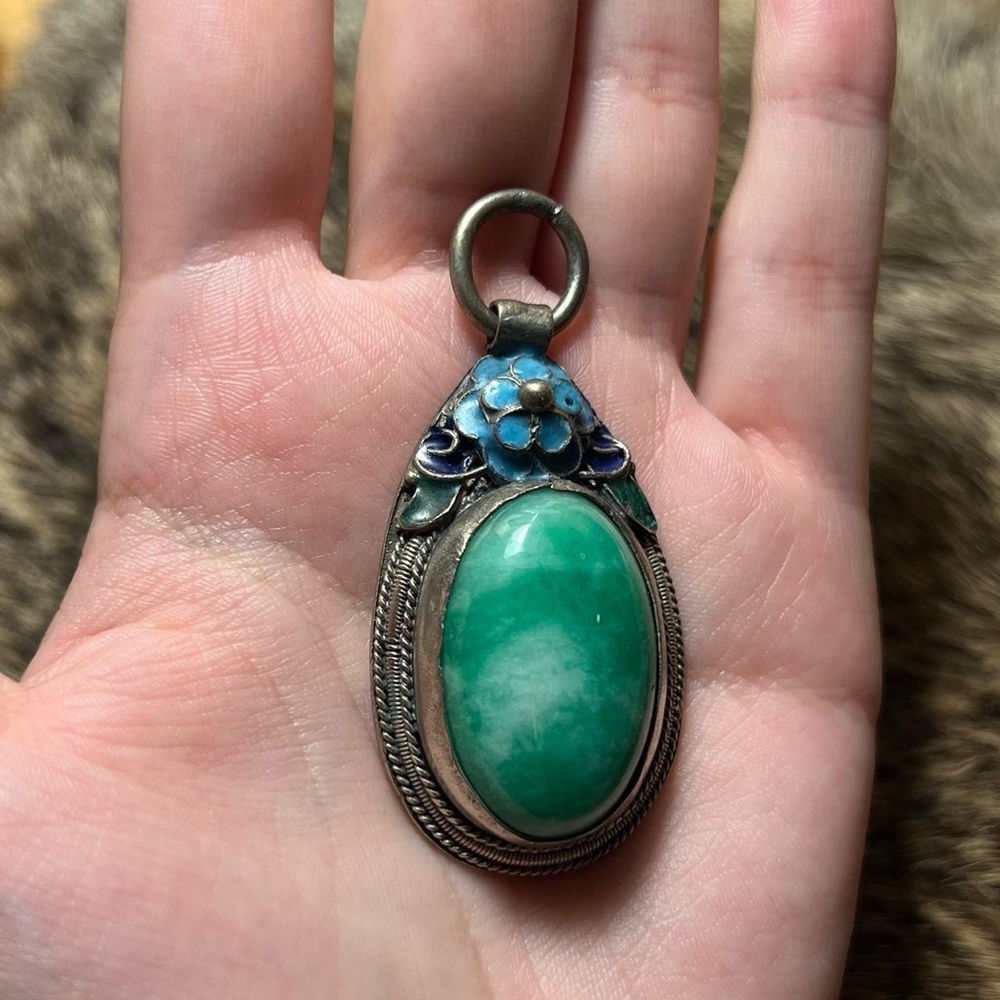 Chinese export silver enamel jade pendant - Picture 2 of 3